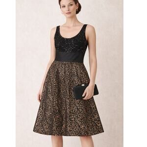 Kay Unger Silk Blend Event Dress 10 Black Gold Metallic Sequined Gala Glam Lux